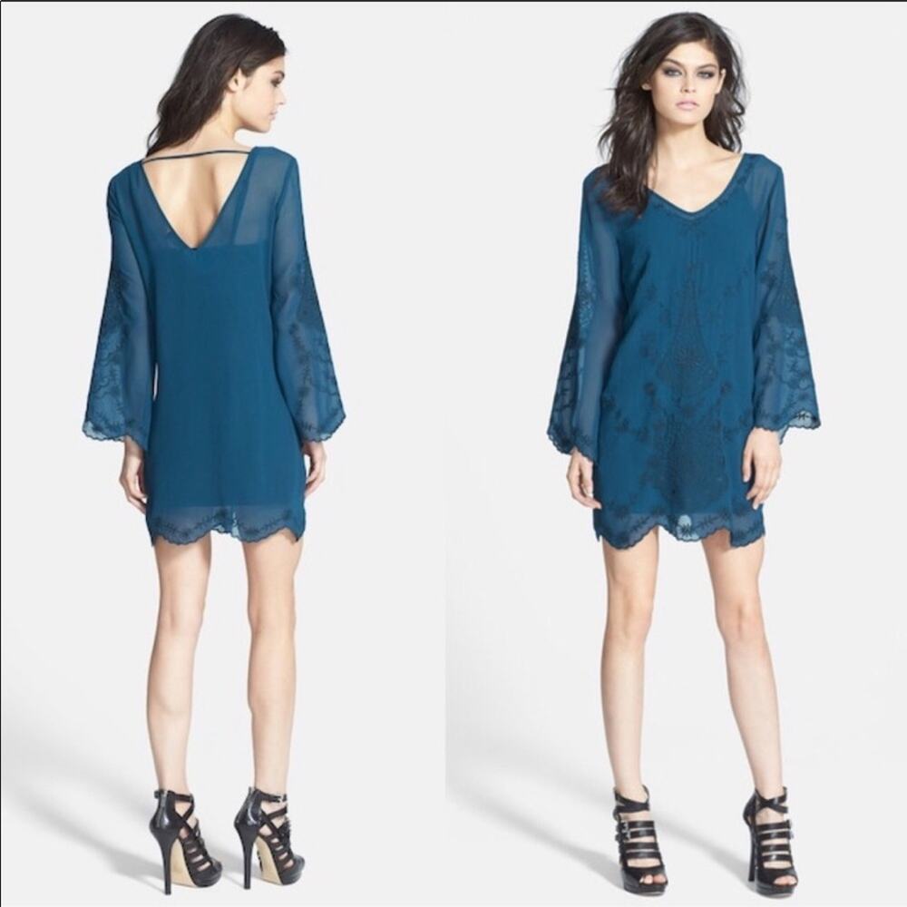 ASTR Women's Teal Embroidered Bell Sleeve Semi Sheer Mini Dress